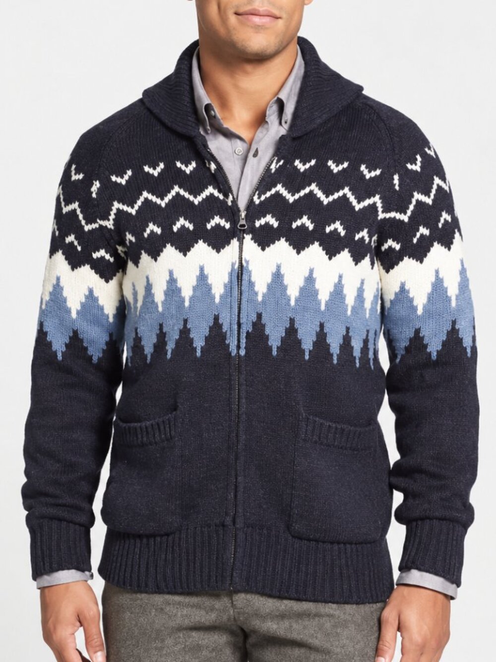 Grayers Full Zip Wool Cotton Cardigan Sweater Fair Isle Blue White